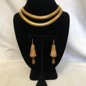 VTG Brass Serpentine Double Necklace & Sparkle Earrings Set